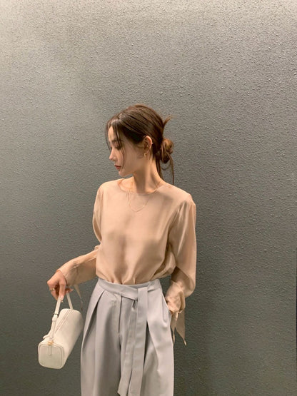 Thu. 春夏chic韓系簡約蝴蝶結綁袖上衣 杏色/卡其