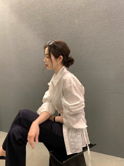 Mon. 個性翻領收腰抽繩可調襯衫 粉/白