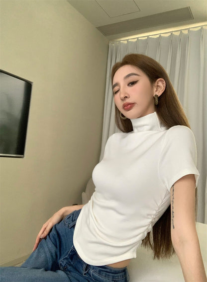 Mon. 高領修身抓皺上衣 白