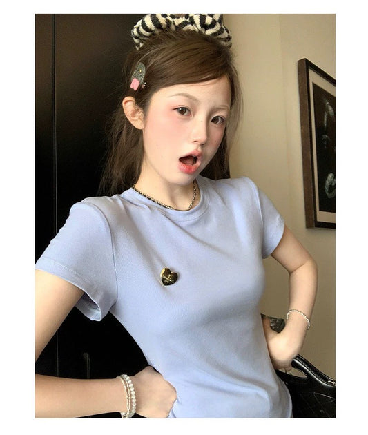 Fri. 小而美圓領打底立體愛心造型上衣 紫藍/白/粉
