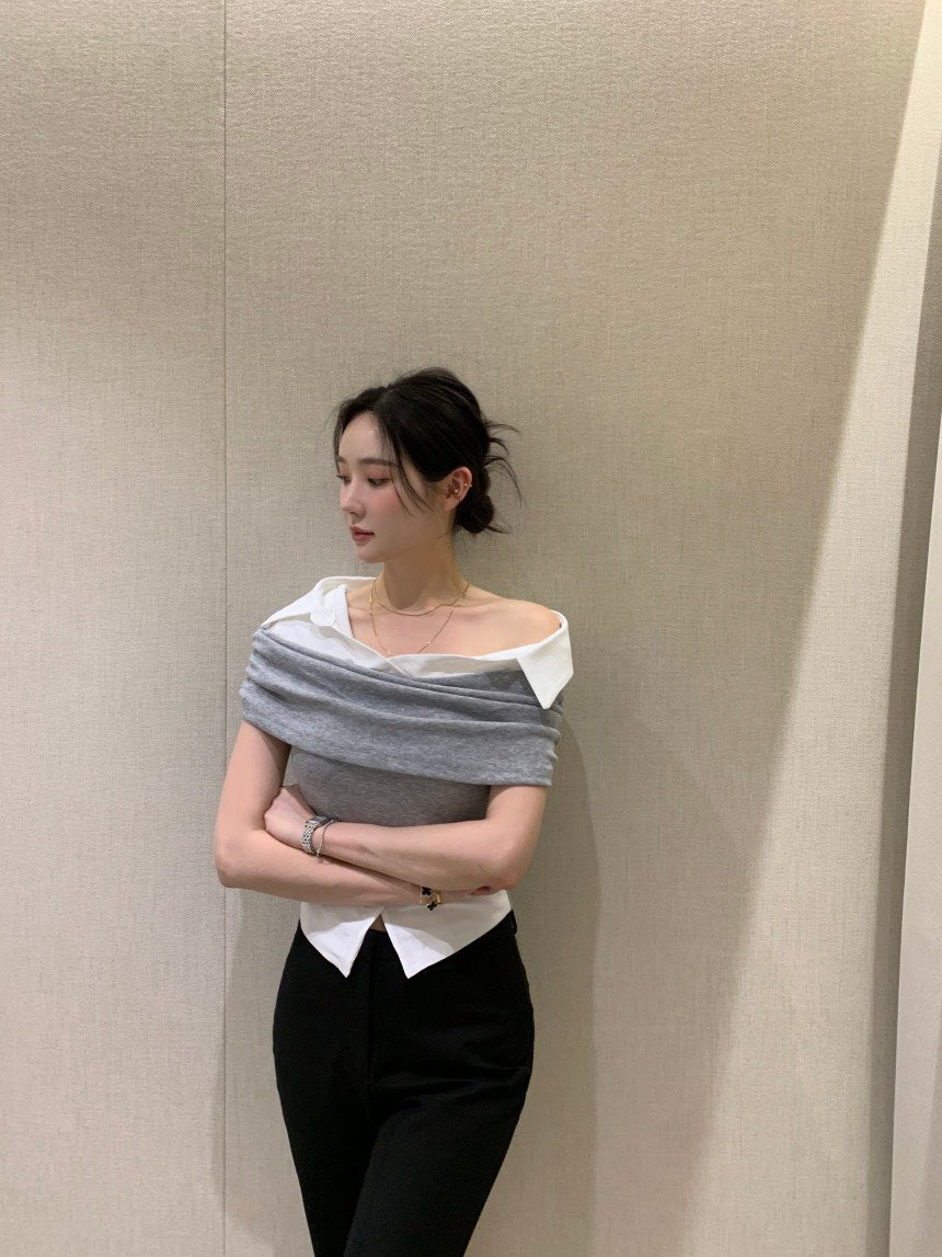 Tue. Elle庫尼假兩件式襯衫上衣 灰