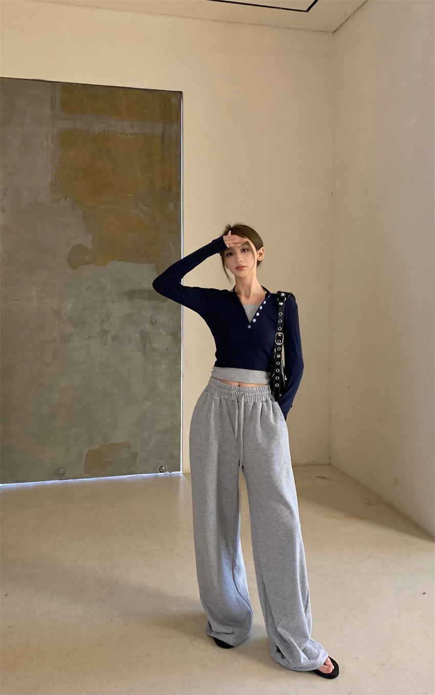 Wed. 假兩件式排扣上衣 & 運動休閒褲 灰