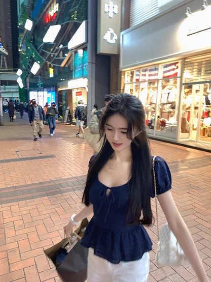 Fri. 法式少女重工方領純棉上衣 藍