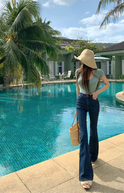 Mon. 復古顯瘦高腰喇叭褲 深藍