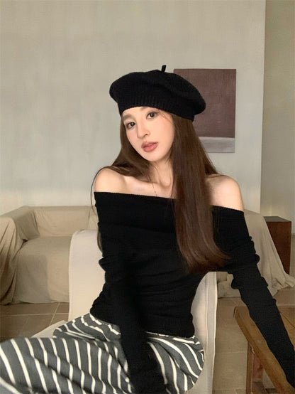 Wed. 慵懶氣質一字肩針織上衣 黑