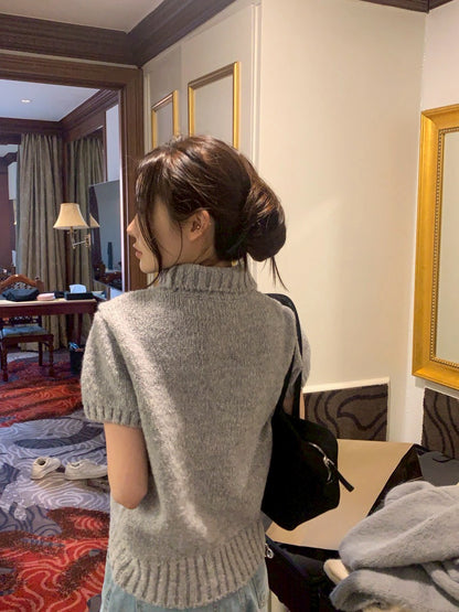 Mon. 韓女鬆弛感高領泡泡針織上衣 杏/灰