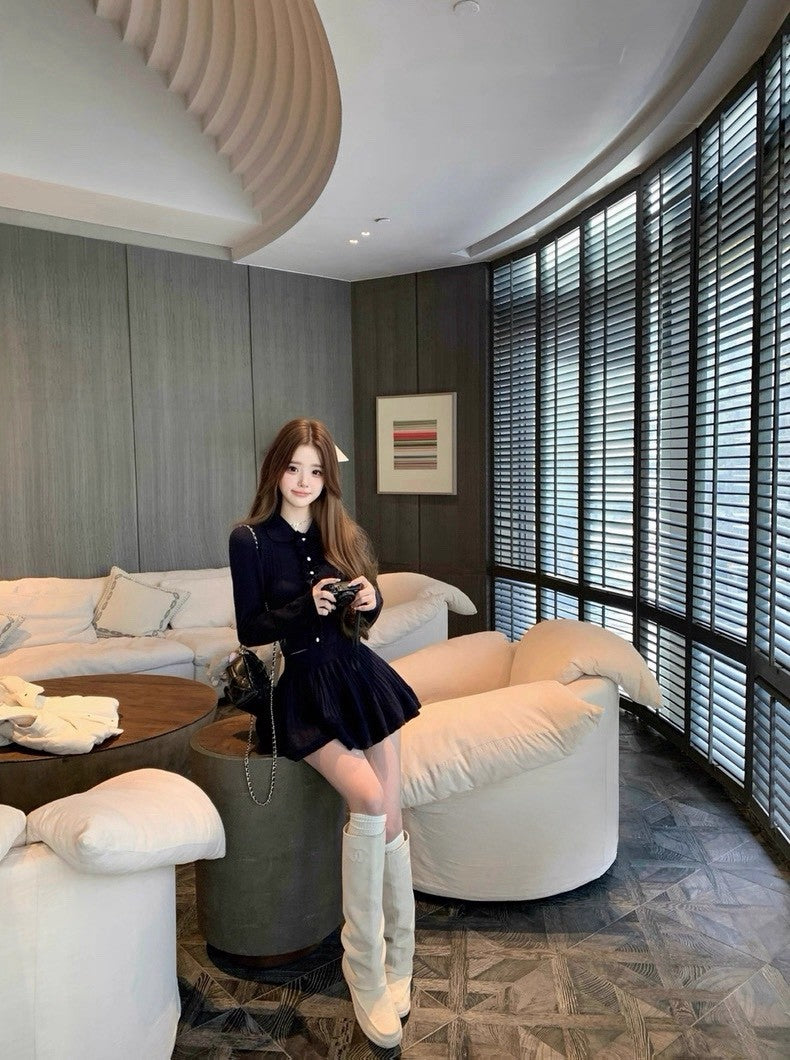 Tue. 優等生公式 藏藍木耳邊針織半身裙套裝