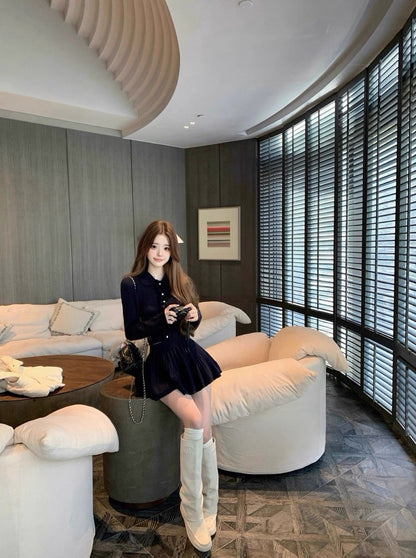 Tue. 優等生公式 藏藍木耳邊針織半身裙套裝