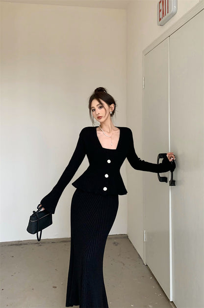 Wed. 優雅法式收腰針織開衫 方領連身裙 黑