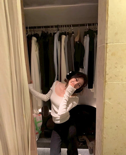 Mon. 新款修身顯瘦假兩件針織打底上衣4色 白/咖