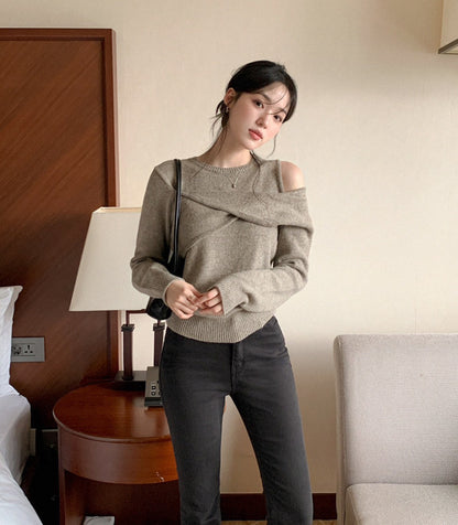 Mon. 辦公通勤 假兩件式甜美露肩針織上衣 摩卡