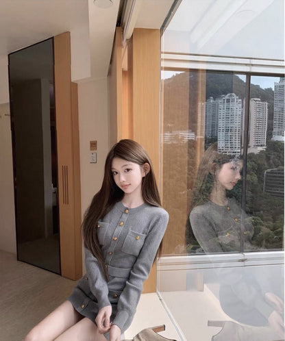 Thu. 江浙滬千金腰帶式金釦圓領針織連衣裙 灰