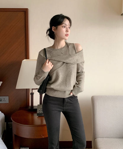 Mon. 辦公通勤 假兩件式甜美露肩針織上衣 摩卡