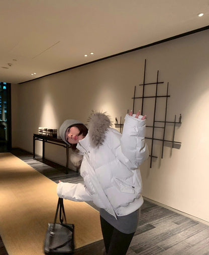 Mon. 雪域山境駱毛帽派克登山加厚羽絨外套 白/深灰綠