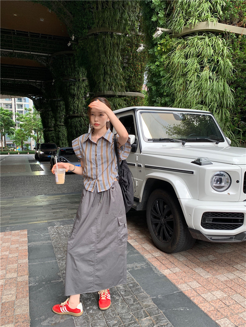 Tue. 復古條紋抓皺襯衫 咖