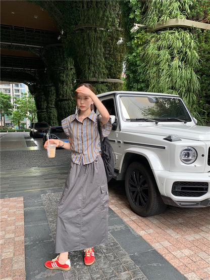 Tue. 復古條紋抓皺襯衫 咖