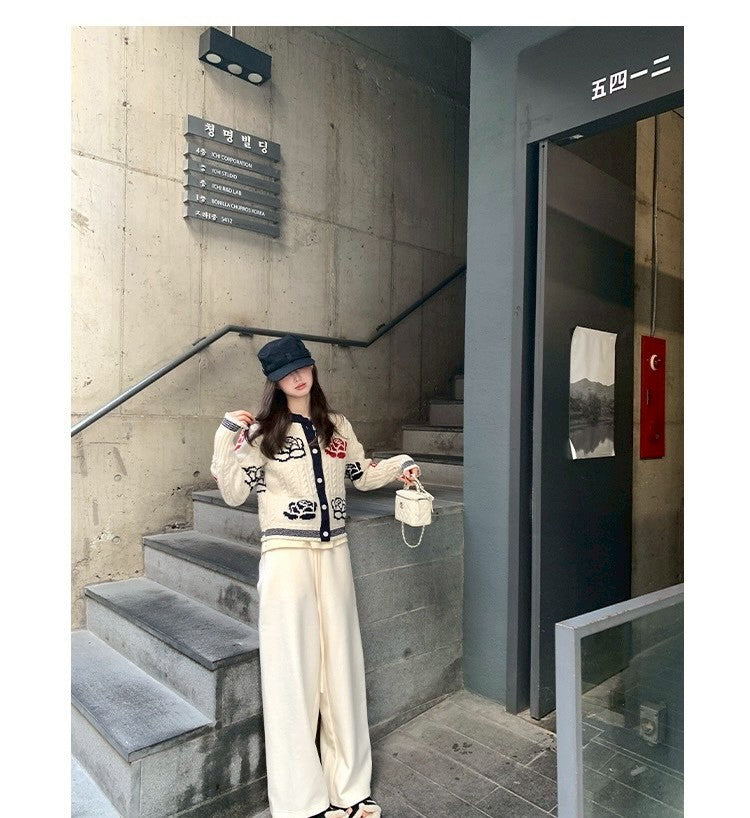 Thu. 淡味牛津chic熱巴同款玫瑰刺繡針織開衫 米白