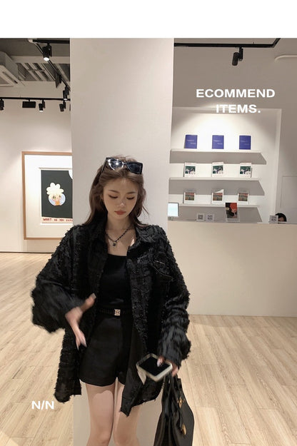 Tue. 小香粗呢鬚邊方格寬鬆襯衫 黑