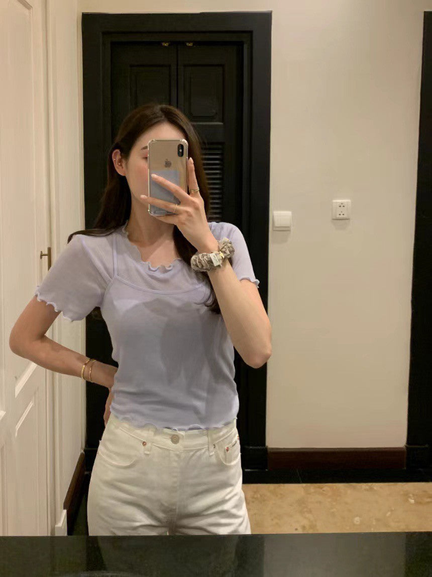 Thu. 顯嫩少女波浪袖兩件式疊穿上衣 藍