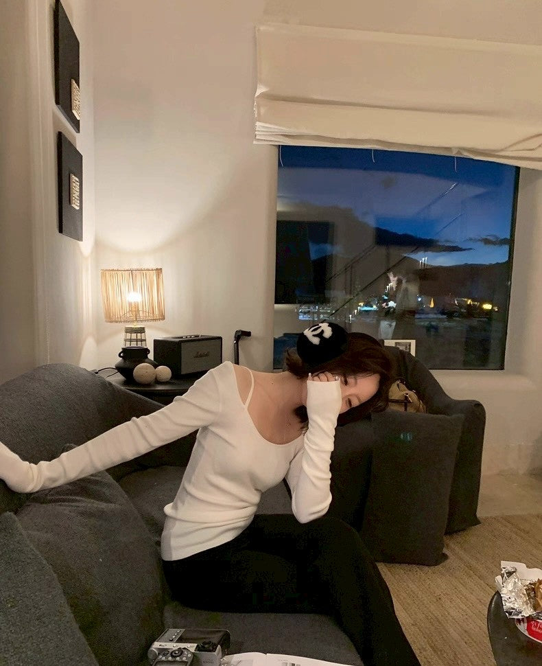 Mon. 新款修身顯瘦假兩件針織打底上衣4色 白/咖