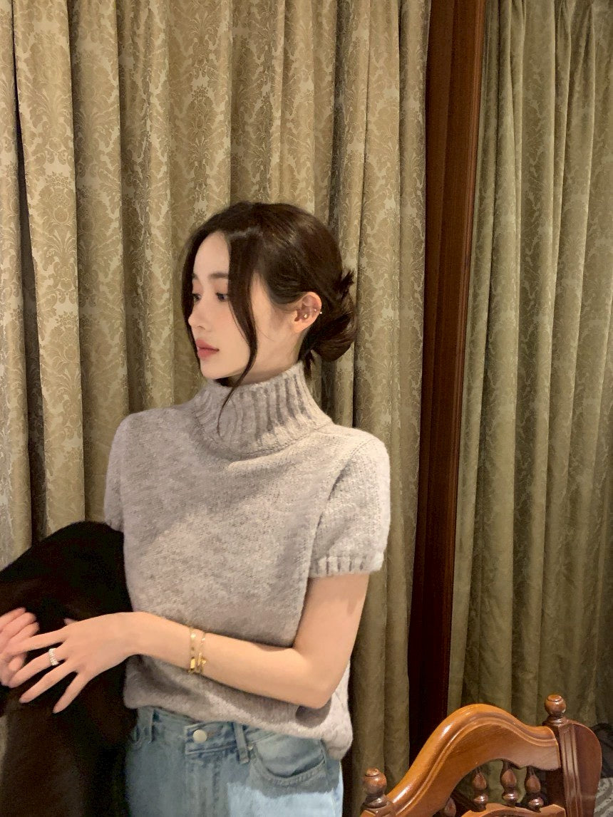 Mon. 韓女鬆弛感高領泡泡針織上衣 杏/灰