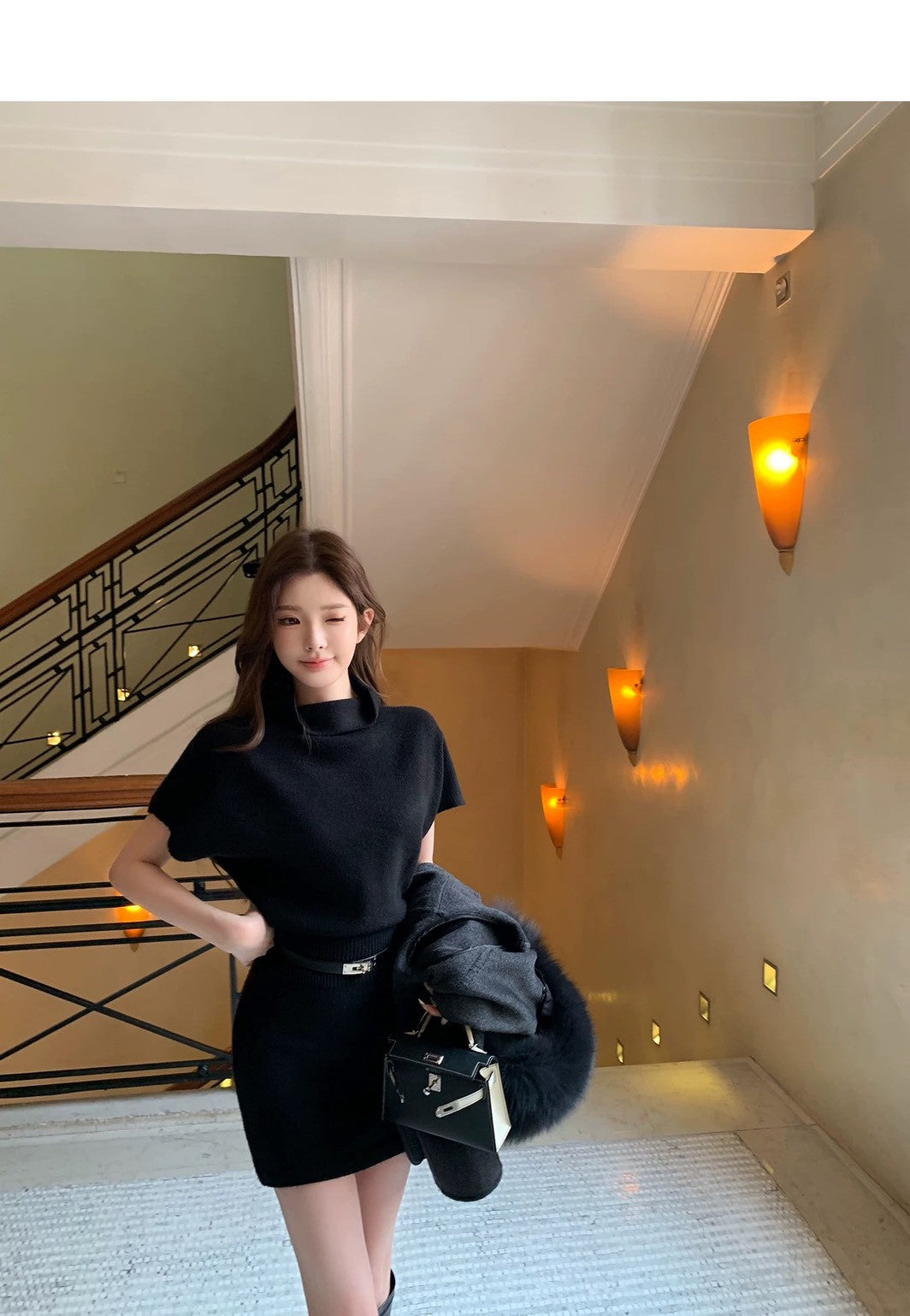 Mon. ‘千金韓女’貴氣半高領高腰針織連身裙 卡其/黑