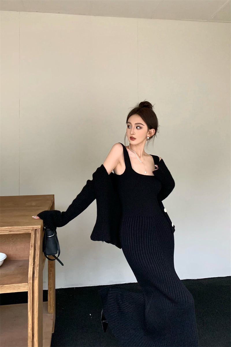 Wed. 優雅法式收腰針織開衫 方領連身裙 黑