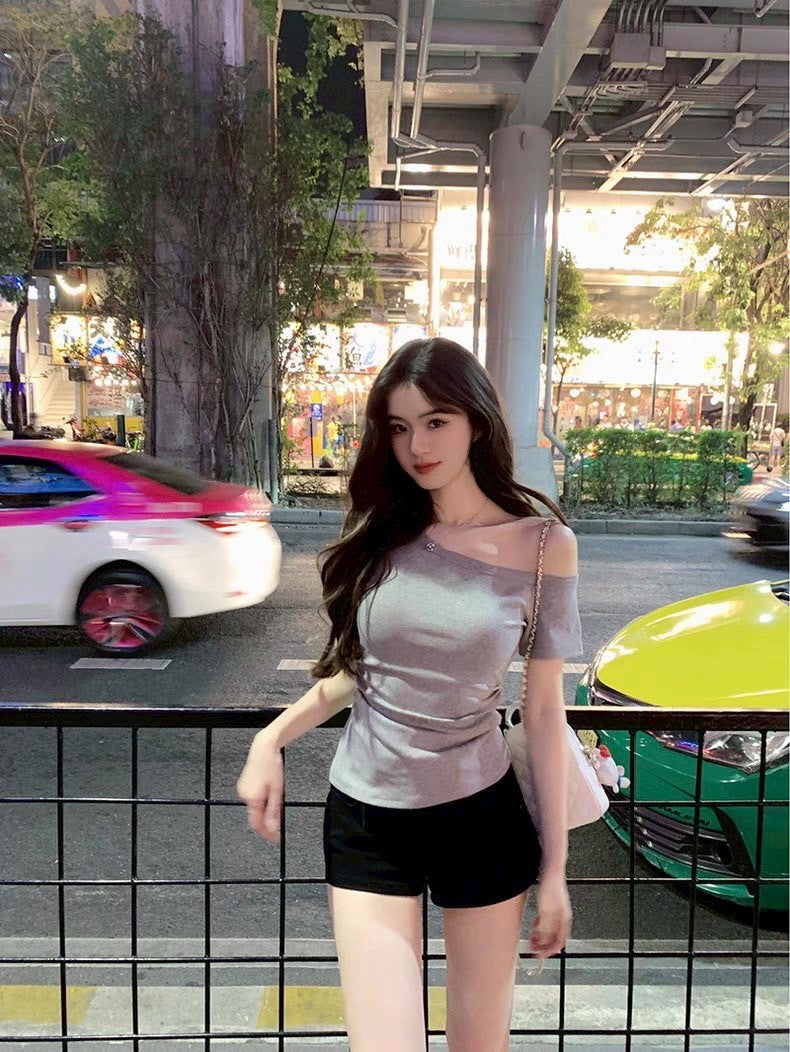 Fri. 斬女瘦瘦斜肩純色上衣 灰