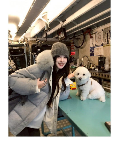 Thu. 安心90白鴨絨斜紋吐司毛毛連帽羽絨外套