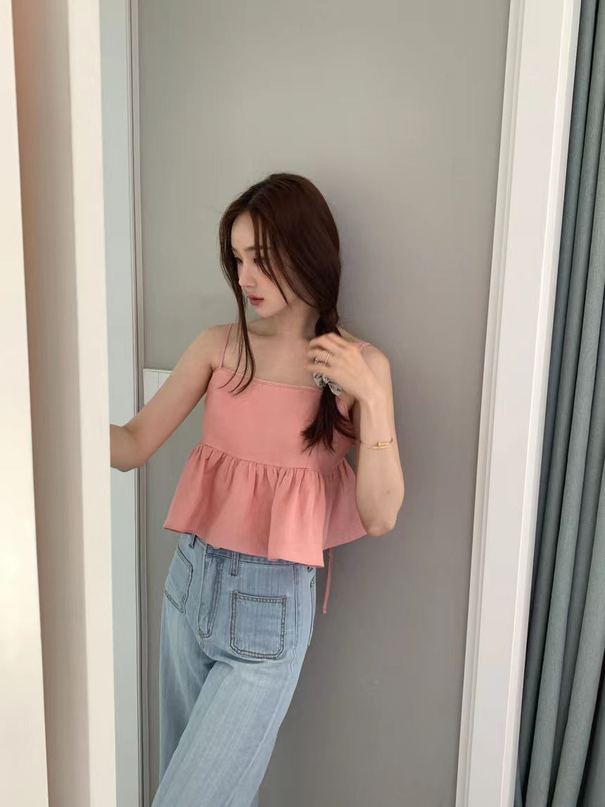 Wed. 後背綁帶美胸短版背心 粉