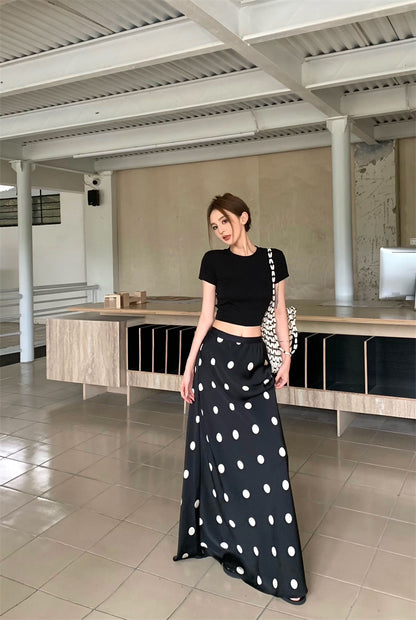 Wed. 復古大波點傘狀半身裙 百搭修身後背設計上衣 黑