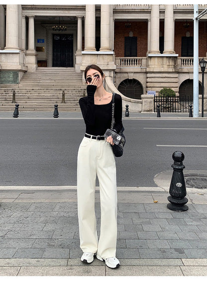 Tue. 休閒小白褲 日常百搭高腰直筒褲