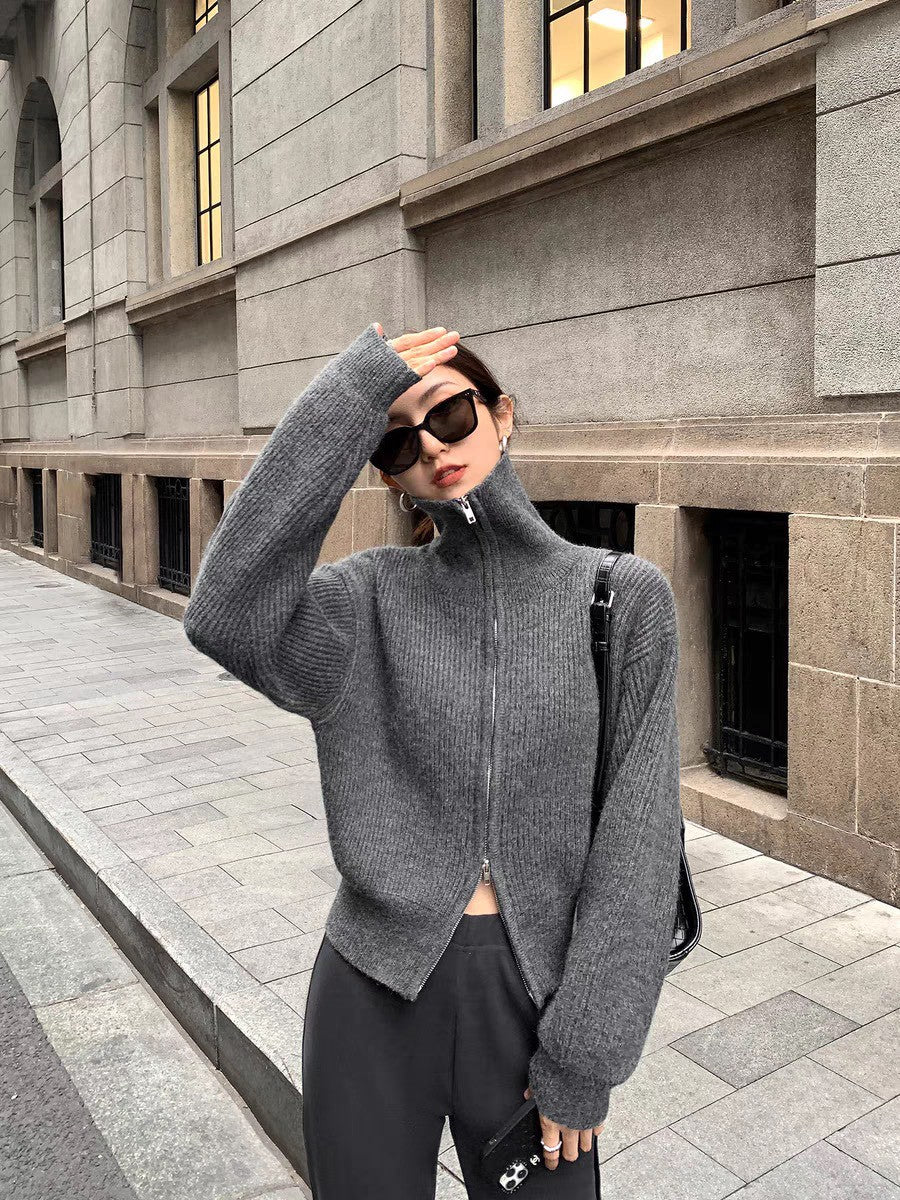 Mon. 基礎翻領雙拉鏈慵懶感毛衣 灰
