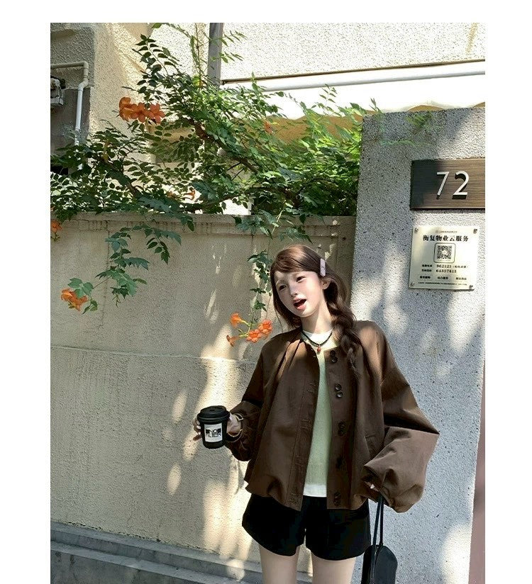 Thu. 明媚香港 復古花苞圓領夾克 咖