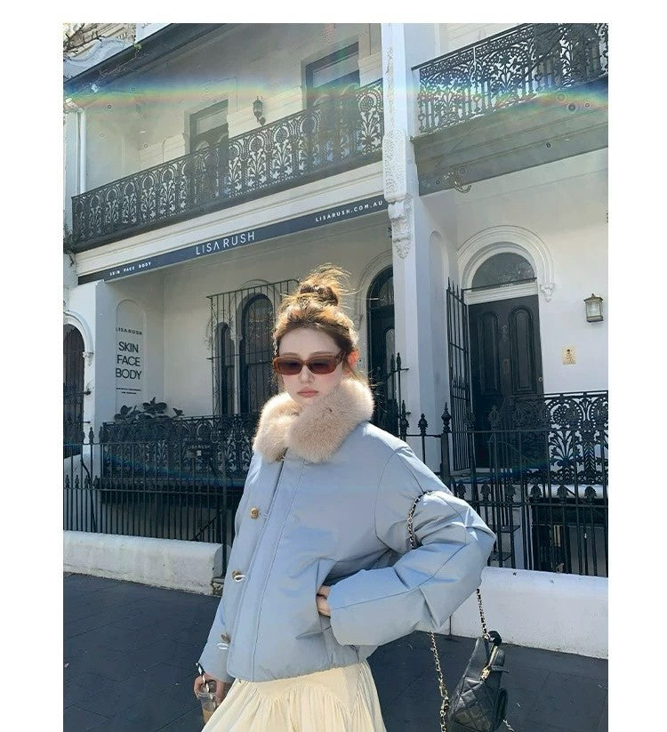 Thu. 卡斯托鎮仿狐狸毛領瘦瘦羽絨外套 藍