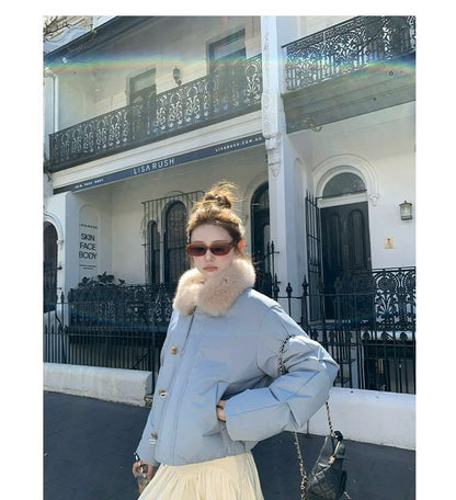 Thu. 卡斯托鎮仿狐狸毛領瘦瘦羽絨外套 藍