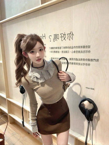 Tue. 松間煙花 學院假兩件式撞色襯衫上衣 櫻桃紅/燕麥藍