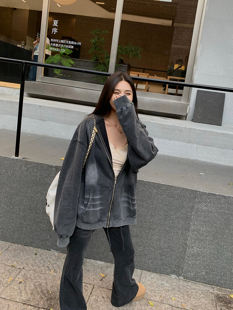 Sat. 休閒水洗灰連帽外套 微喇叭休閒褲