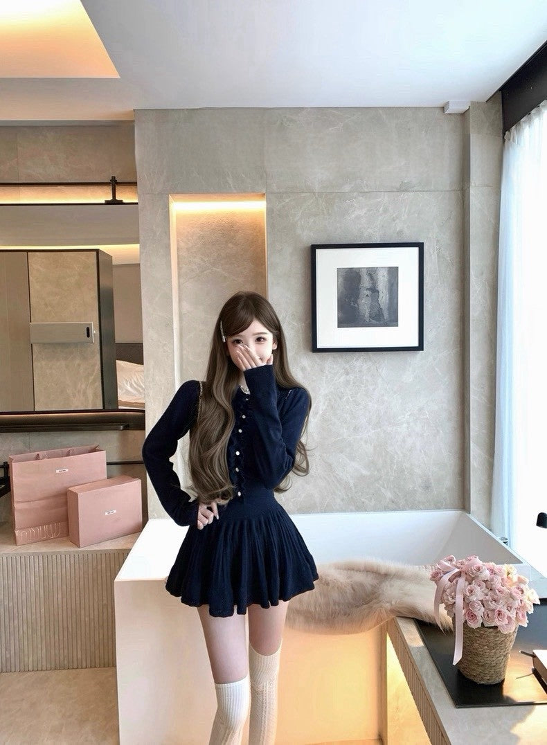 Tue. 優等生公式 藏藍木耳邊針織半身裙套裝