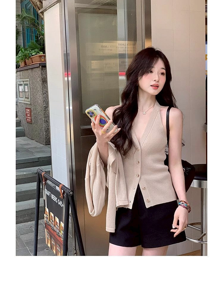 Thu. 自由領落仿天絲亞麻針織上衣2件套 砂杏