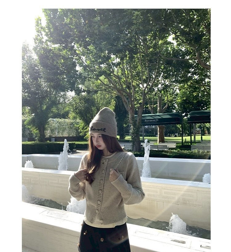 Thu. 海灣花園 混紡羊毛百搭針織開衫 紫/灰米