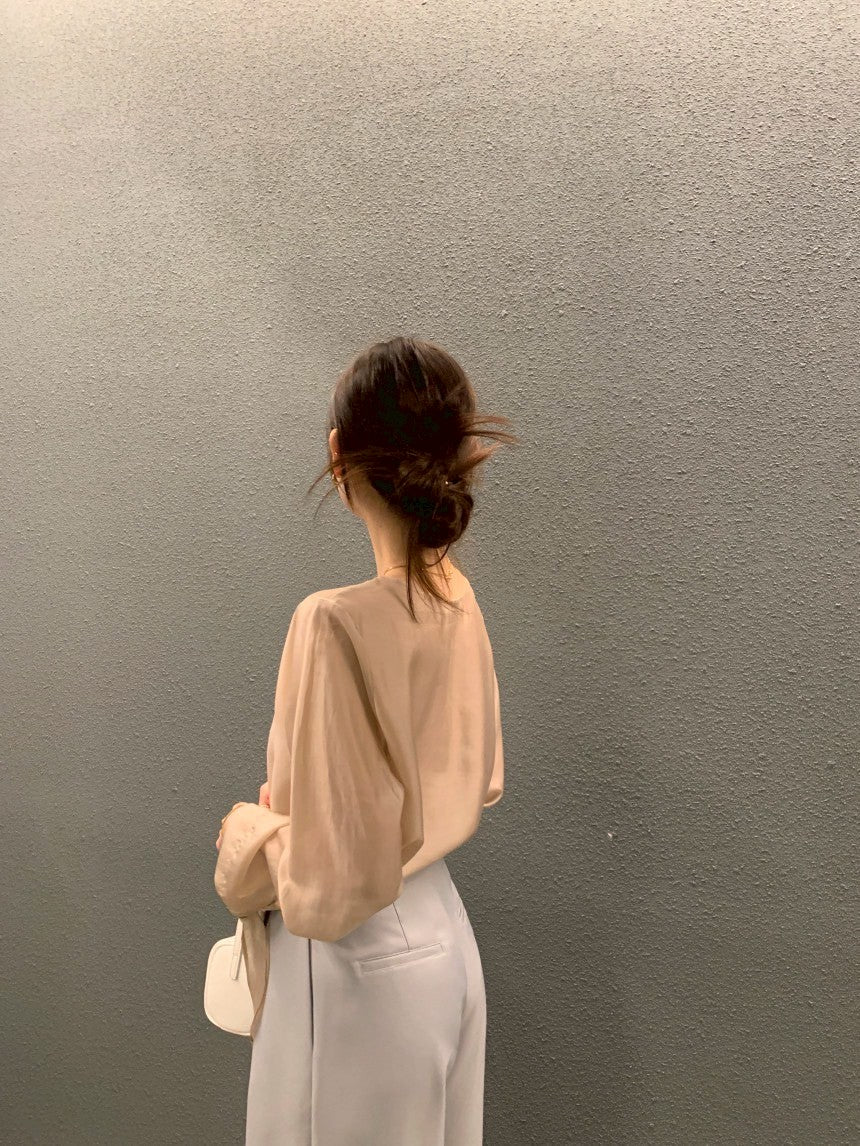 Thu. 春夏chic韓系簡約蝴蝶結綁袖上衣 杏色/卡其
