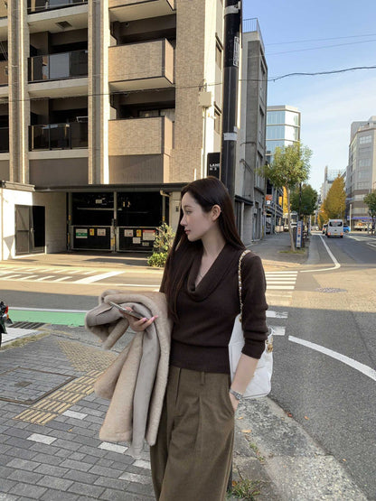 Mon. TH高蘯領修身針織上衣 灰/黑/咖