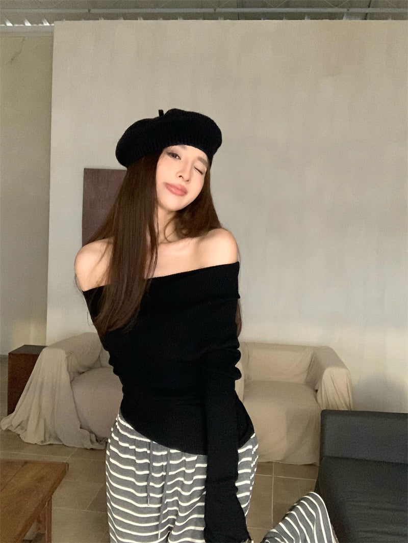 Wed. 慵懶氣質一字肩針織上衣 黑