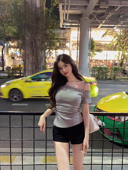 Fri. 斬女瘦瘦斜肩純色上衣 灰