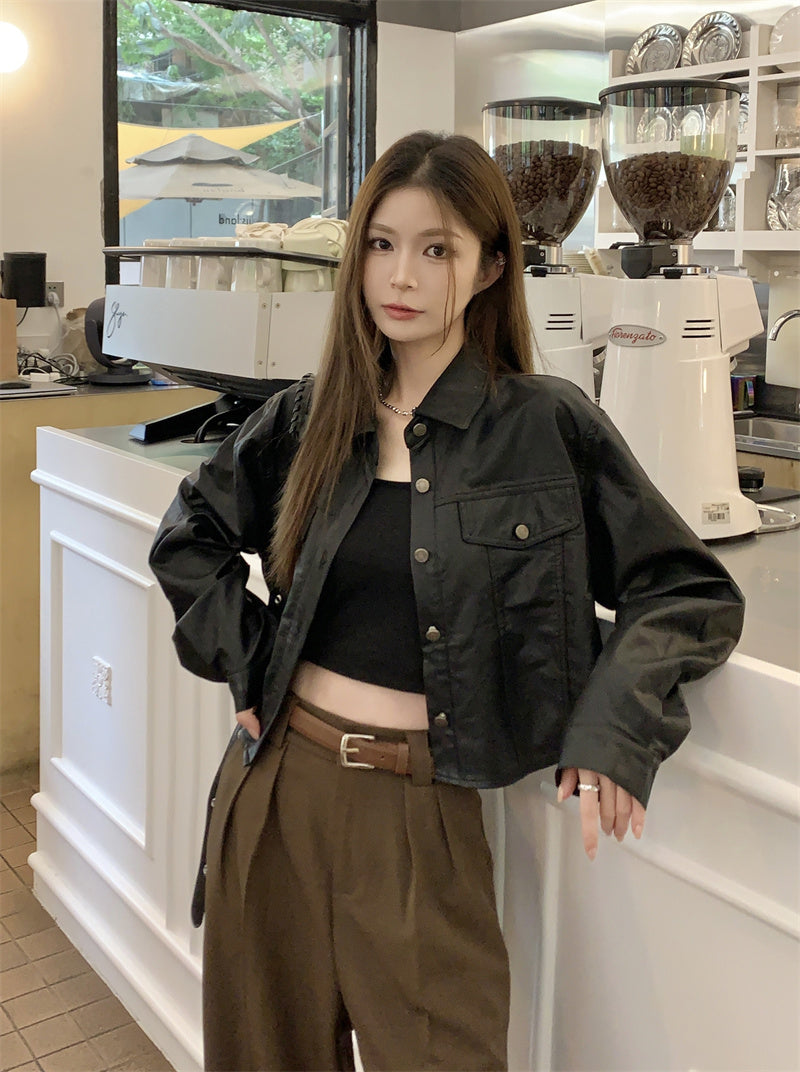 Mon. 今年必入短版皮襯衫外套 黑/咖