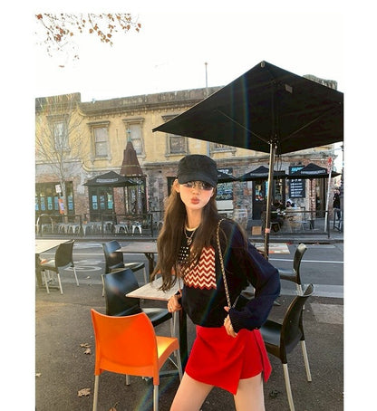 Thu. 一眼街拍美式印花圓領可愛毛衣 藍