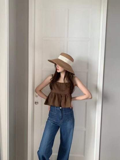 Wed. 後背綁帶美胸短版背心 白/咖