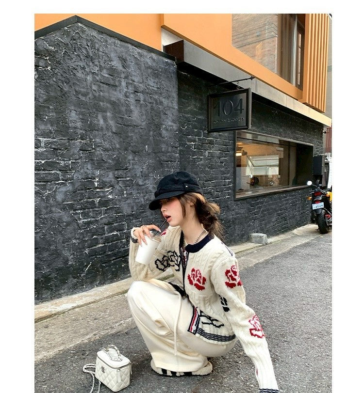 Thu. 淡味牛津chic熱巴同款玫瑰刺繡針織開衫 米白