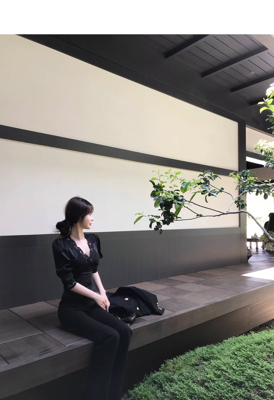 Fri. 韓女氛圍 高奢醋酸蕾絲泡泡袖上衣 黑